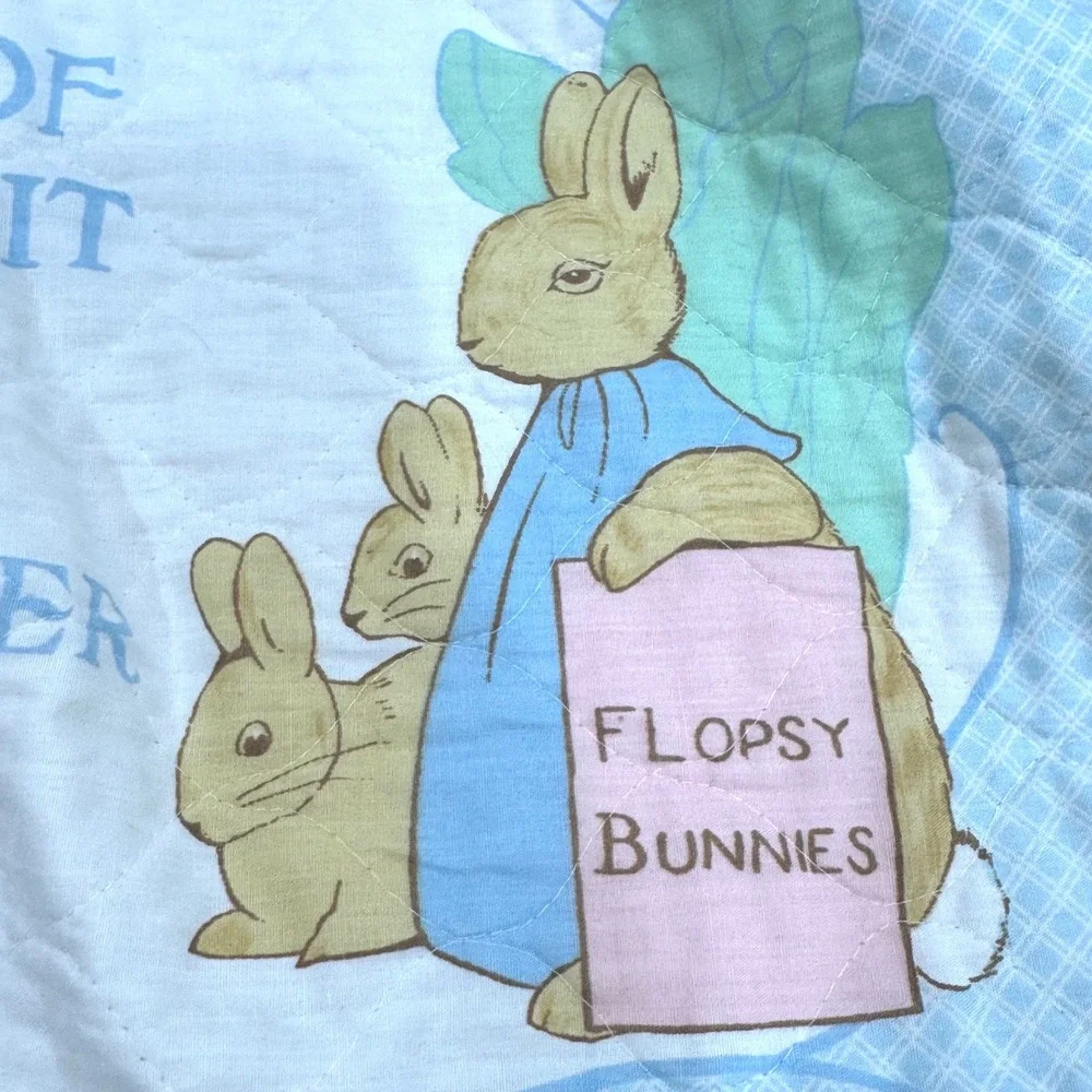 Vintage Beatrix Potter Peter Rabbit Quilted Nursery Blanket Blue Gingham 34x44